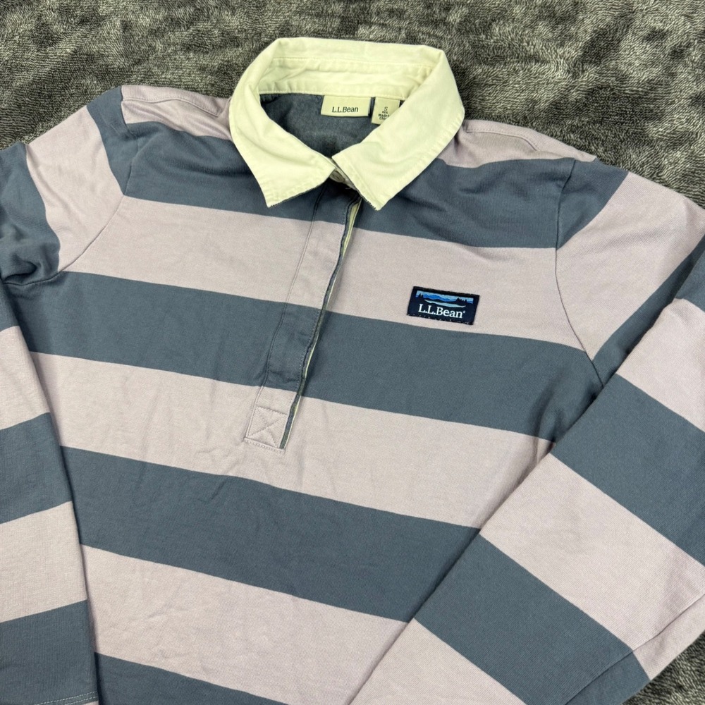 Vintage L.L. Bean Rugby Shirt Mens S Blue Purple Striped Long Sleeve Cotton